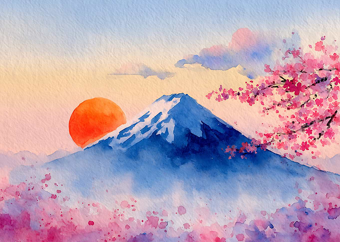Watercolor Mount Fuji and Cherry Blossoms