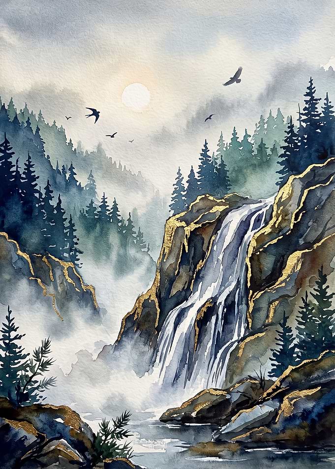 Watercolor Waterfall with Gold Accents