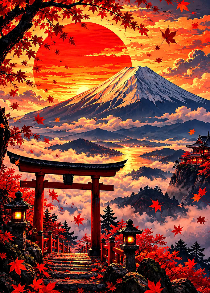 Mount Fuji Autumn Sunset Torii Gate