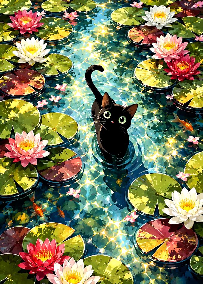Black Cat in Water Lily Pond