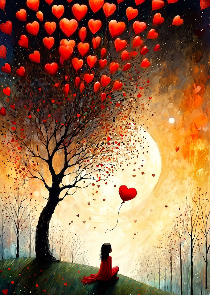 Heart Tree Moon Girl Oil Art Poster