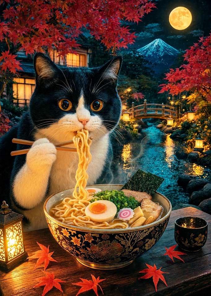 Cat Eating Ramen in Japan