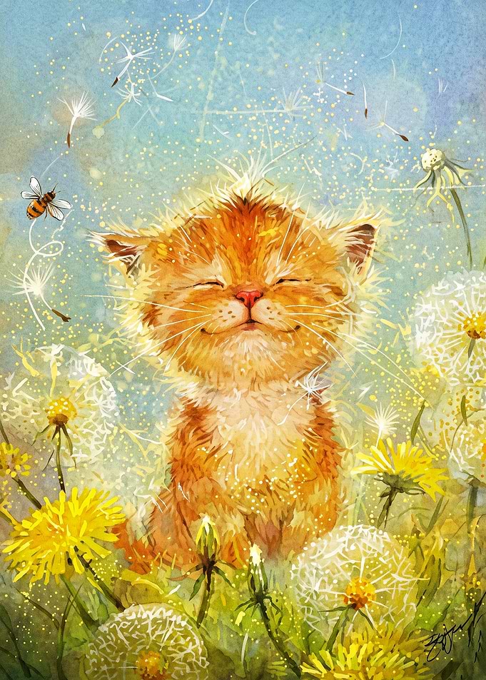 Cute Cat Dandelion Magic Watercolor