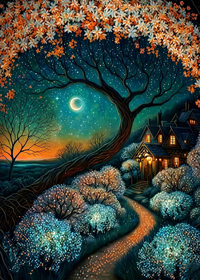 Magical Night Forest Cottage Art