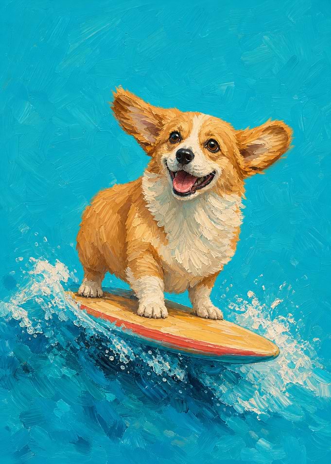 Corgi Surfing on Ocean Wave