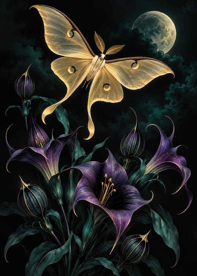 Golden Luna Moth and Purple Flowers