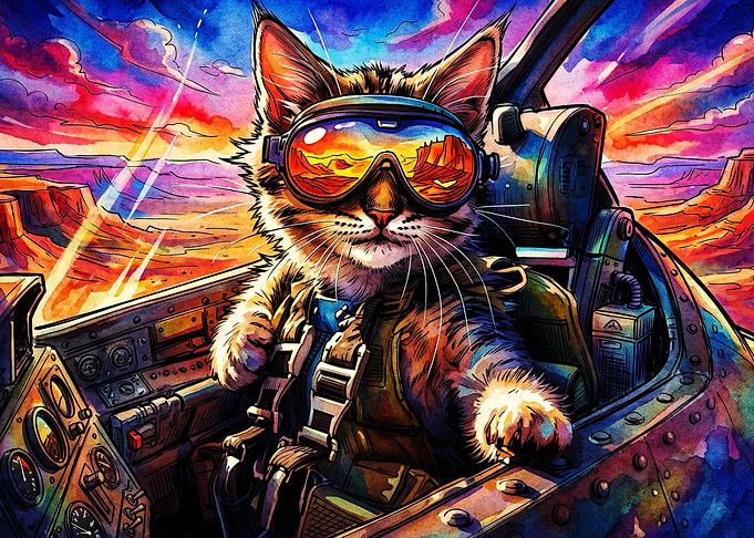 Cat Pilot Fighter Jet Watercolor Ar