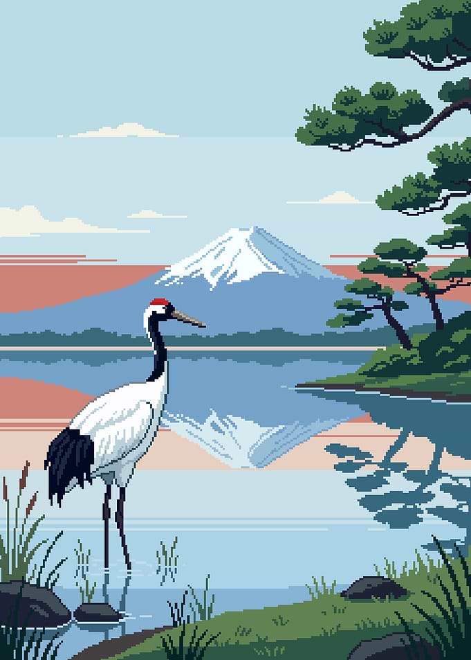 Pixel Art Red-Crowned Crane and Fuji