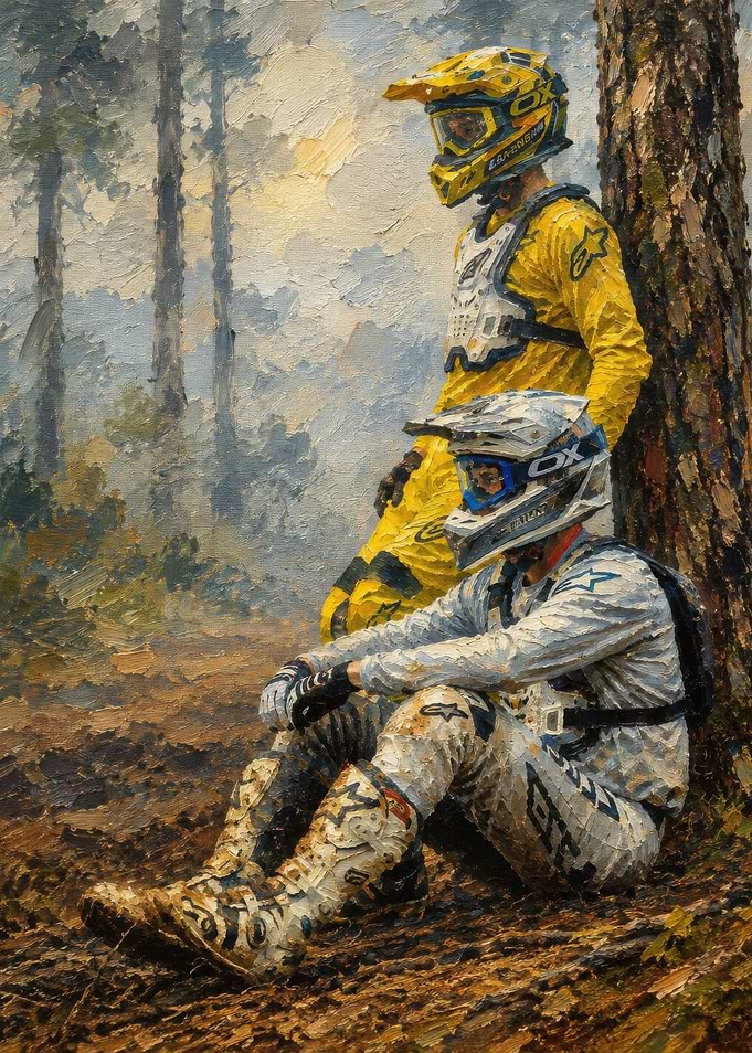 Motocross Riders Resting by Tree