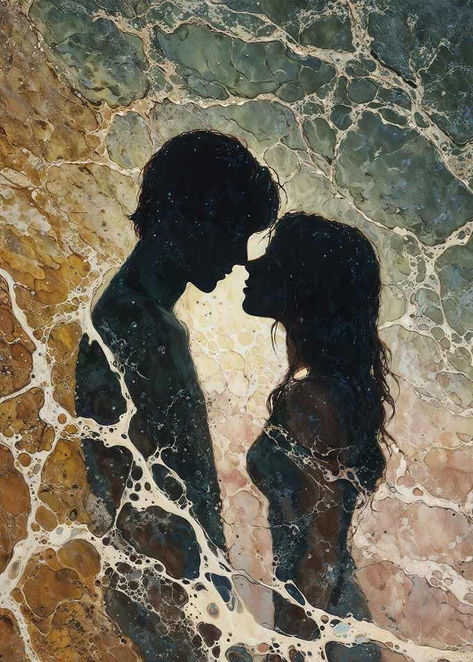 Silhouetted Couple Facing Within Marbled Ocean Texture