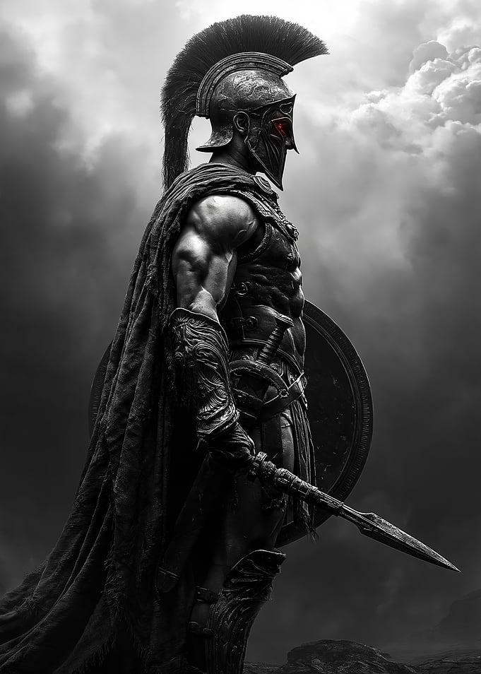 Spartan Warrior with Glowing Red Eyes