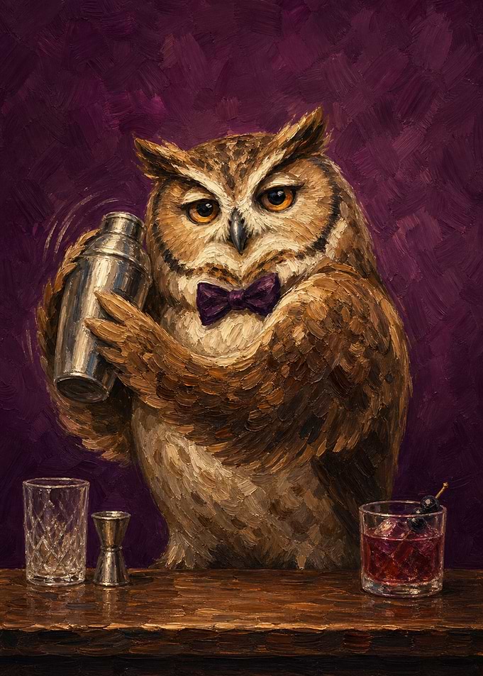 Sophisticated Owl Bartender Painting