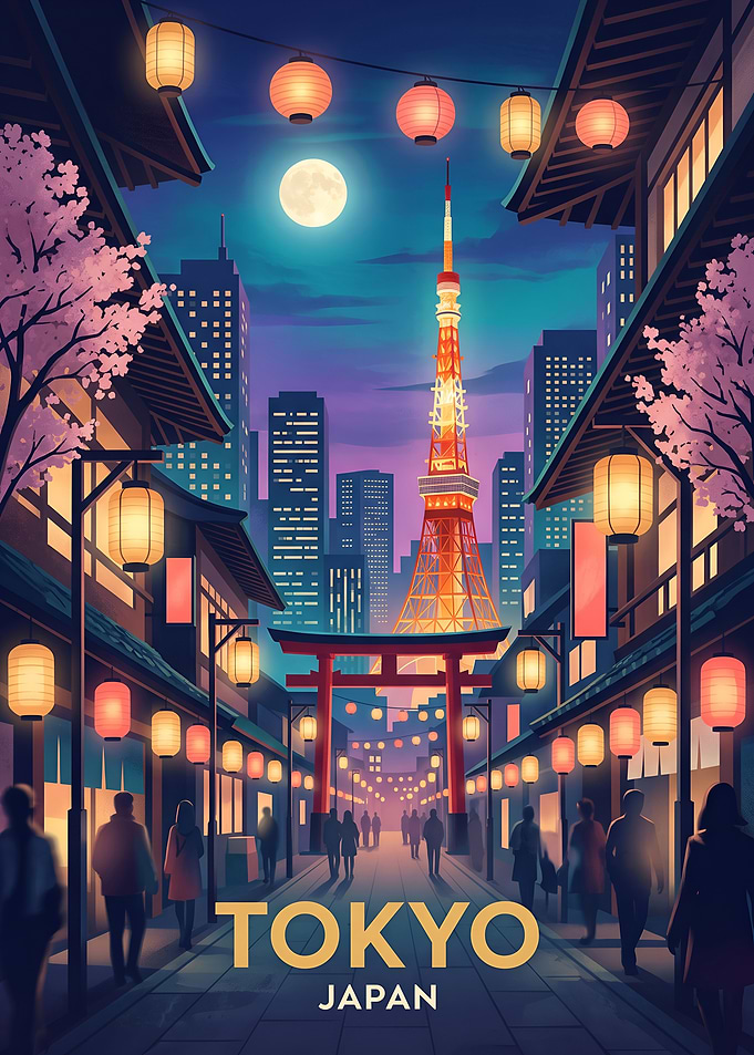 Moonlight Glow Over Tokyo Lantern Street