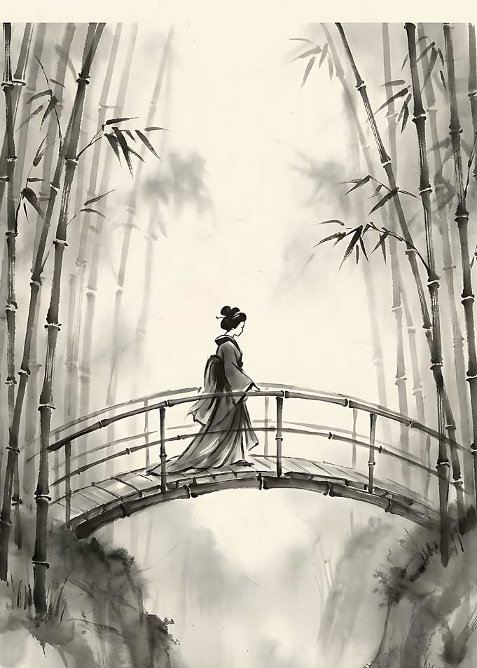 Woman Walking Across Bamboo Bridge