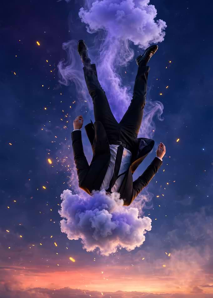 Surreal Businessman Falling Through Clouds