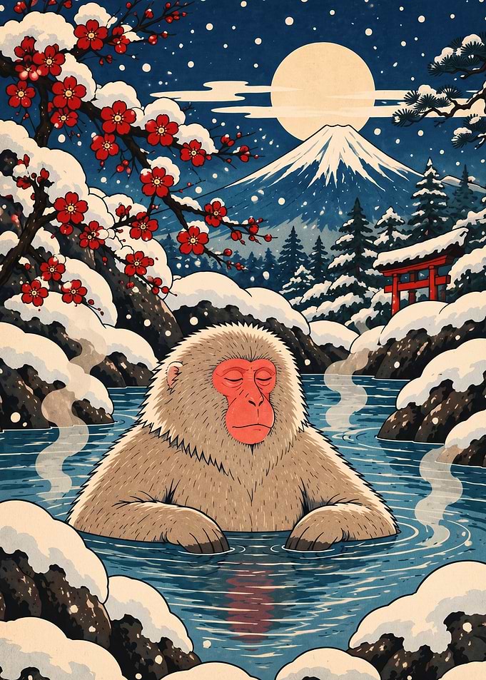 Snow Monkey Relaxing in Hot Spring