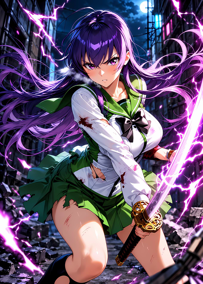 Anime Girl Warrior with Purple Lightning