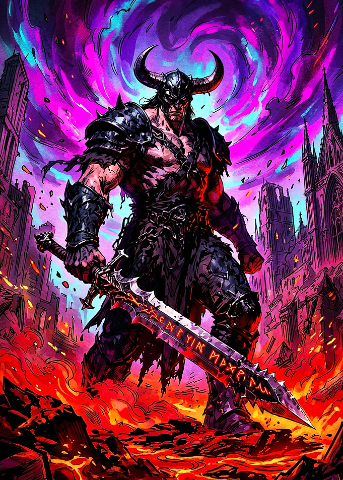 Viking Warrior Demon Neon Poster