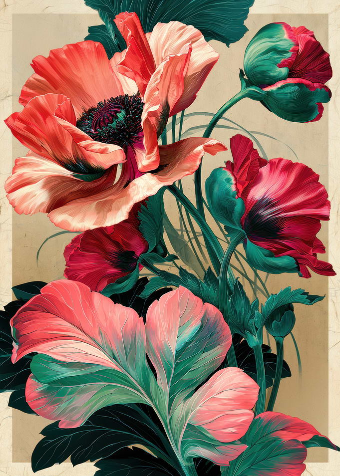 Vibrant Red and Teal Poppy Illustration