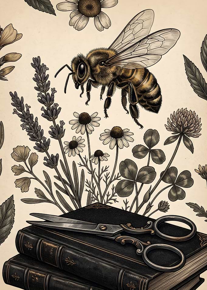 Vintage Botanical Bee and Book Illustration
