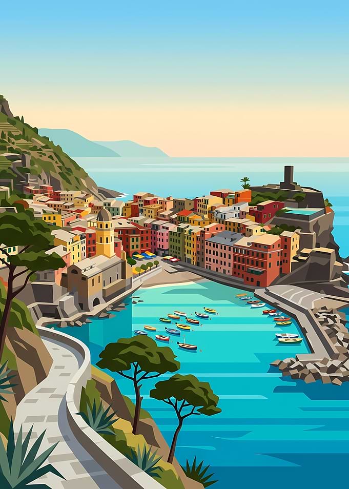Vernazza Italy Coastal Village Illustration