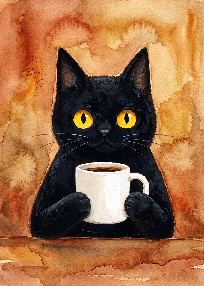 Black Cat Coffee Watercolor Art