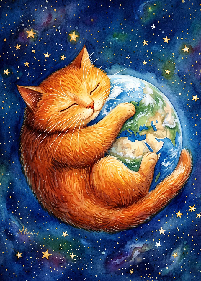 Cat Earth Space Watercolor Art