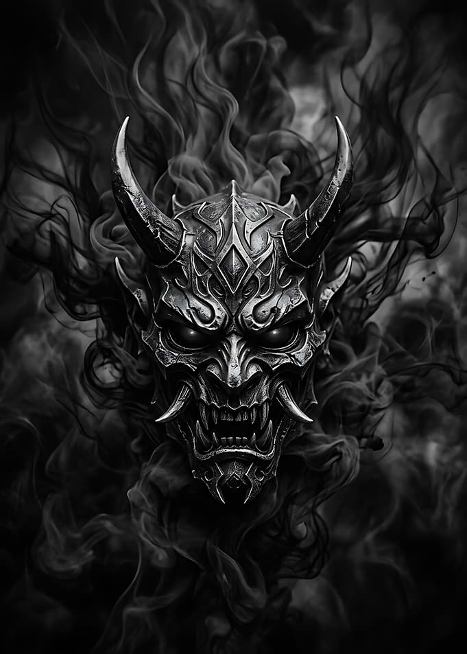 Dark Oni Mask in Black Smoke