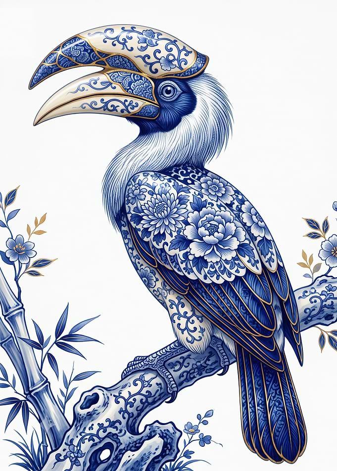 Porcelain Style Hornbill Bird Illustration