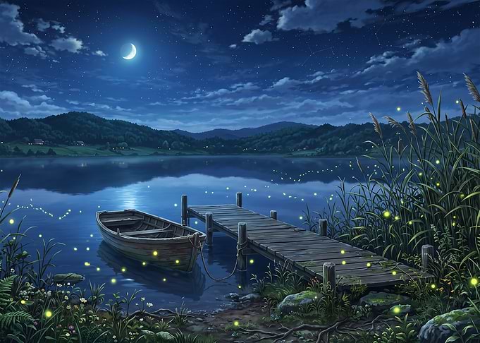 Serene Lake at Night with Fireflies