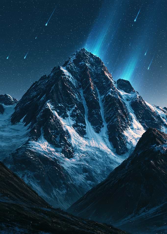 Majestic Snowy Mountain Under Meteor Shower
