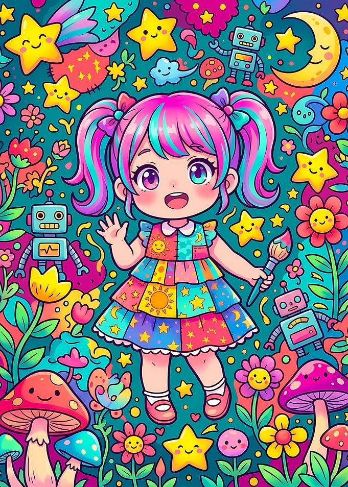 Colorful Anime Girl with Robots