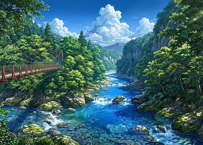 Lush Mountain River and Suspension Bridge