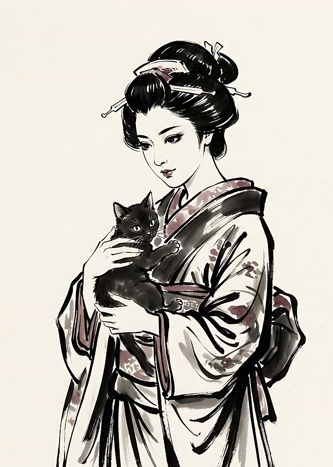 Geisha Holding a Black Cat