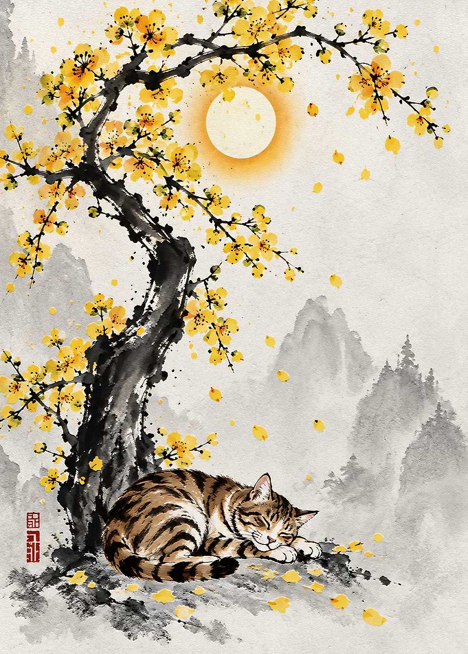 Sleeping Tabby Cat Under Yellow Blossoms
