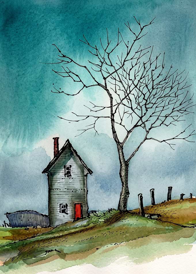 Lonely House Tree Watercolor Art