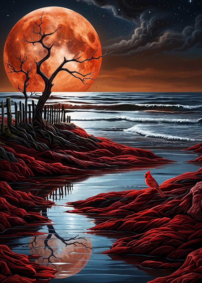 Red Moon Ocean Surreal Landscape Ar