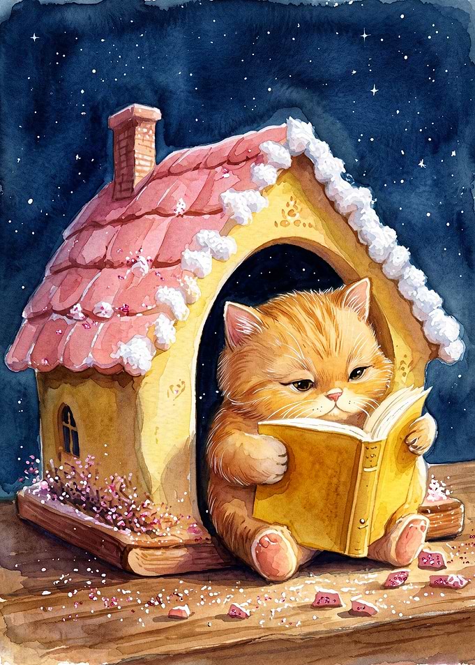 Cat Reading Book Cozy Watercolor Ar