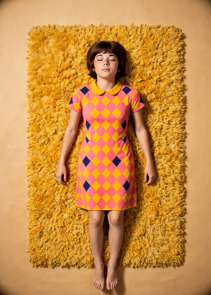 Woman in Retro Diamond Pattern Dress