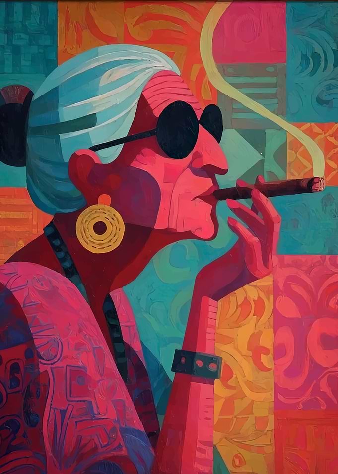 Colorful Portrait of Smoking Elderly Woman