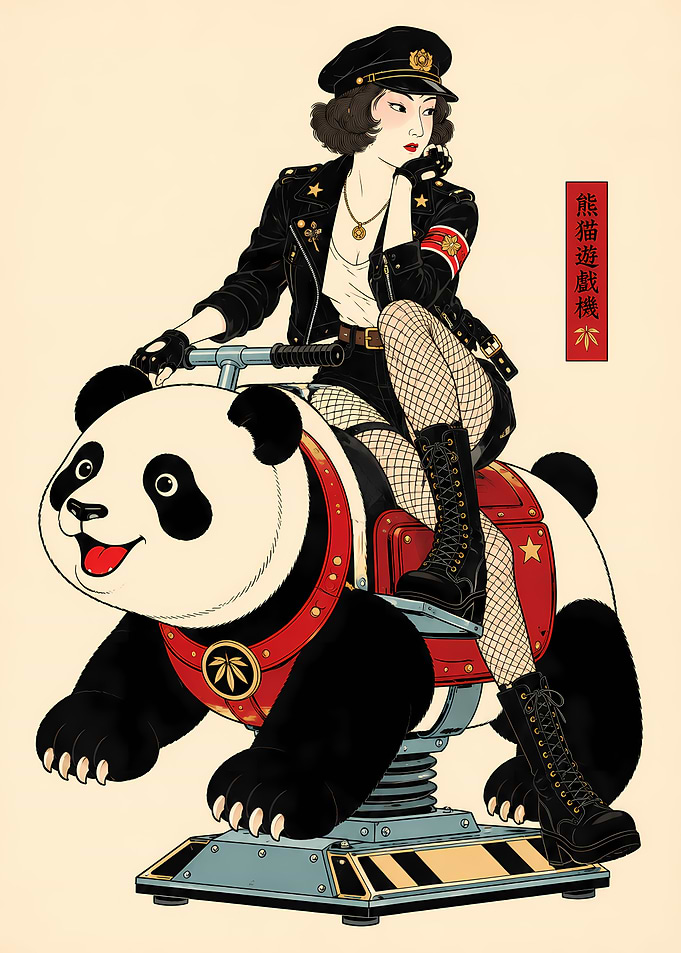 Stylish Woman Riding Panda Spring Rider