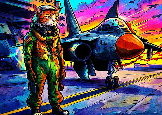 Cat Pilot Fighter Jet Retro Art