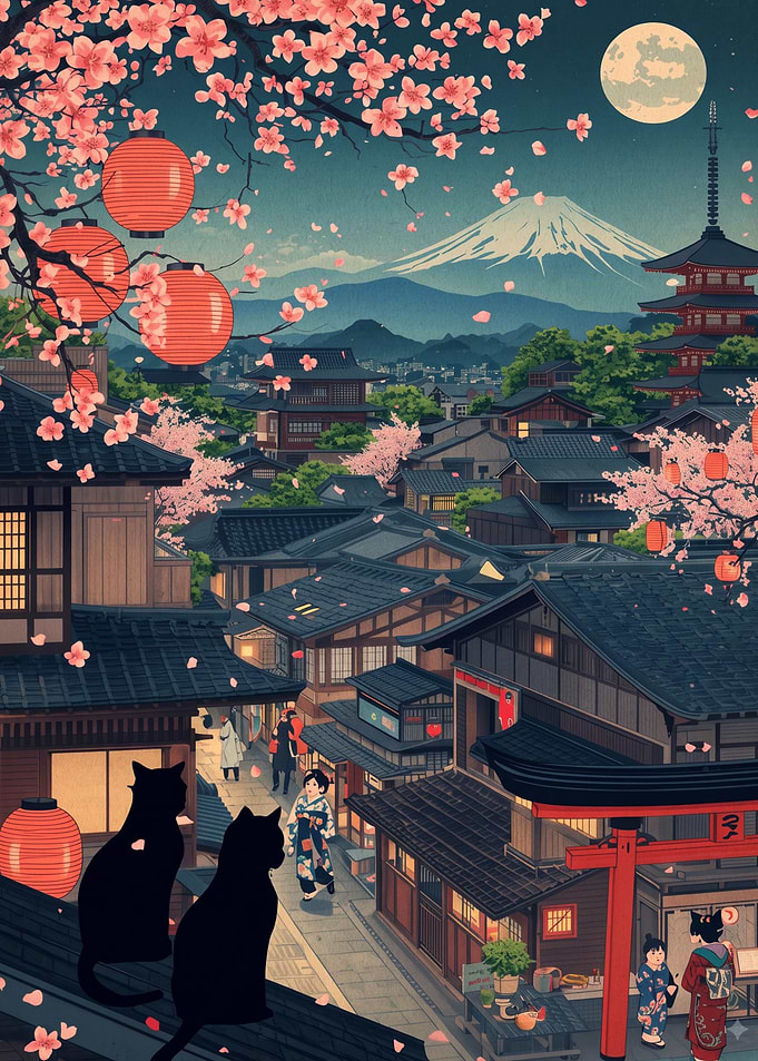 Cats Watching Over Traditional Japanese Village