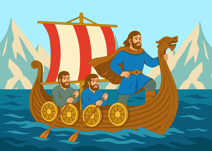 Viking Longship Sailing Through Mountains
