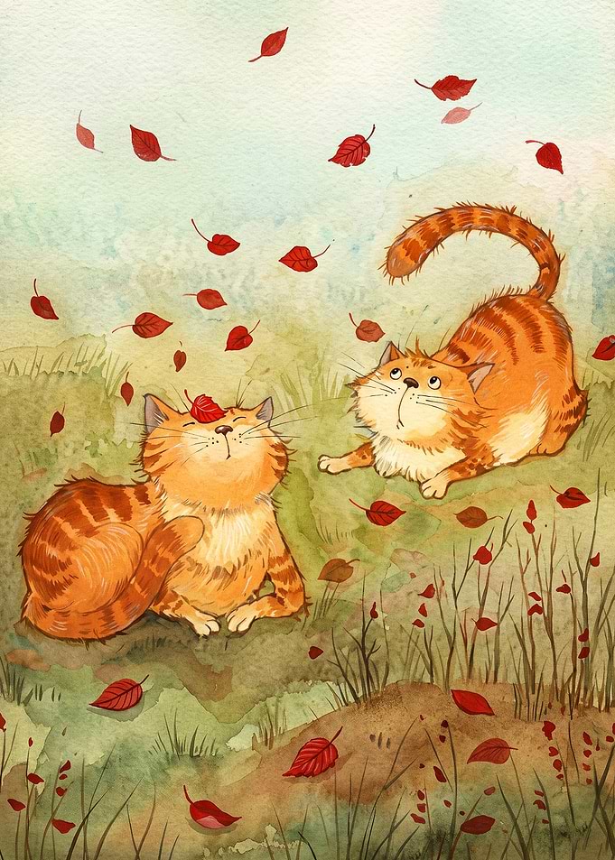 Cats Autumn Leaves Watercolor Art