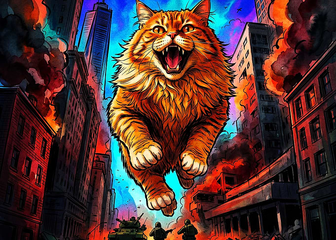 Giant Cat City Attack Retro Poster