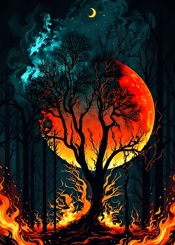 Forest Fire Blood Moon Dark Art