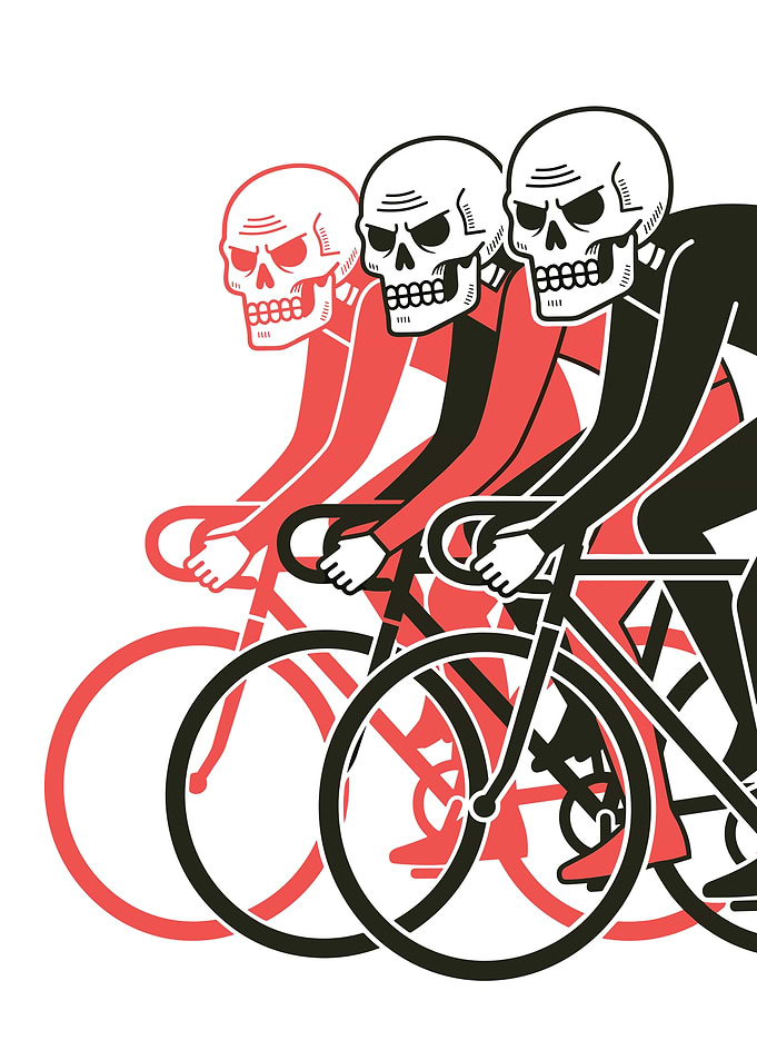 Three Skeleton Cyclists Racing