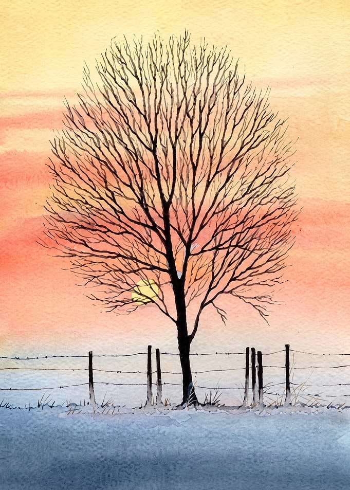 Tree Sunset Watercolor Art