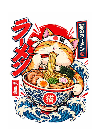 Cute Cat Eating Ramen Illustration